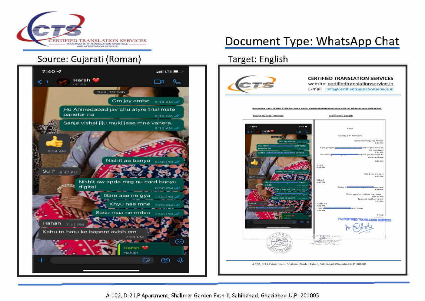 WhatsApp chat translation sample, Gujarati to English