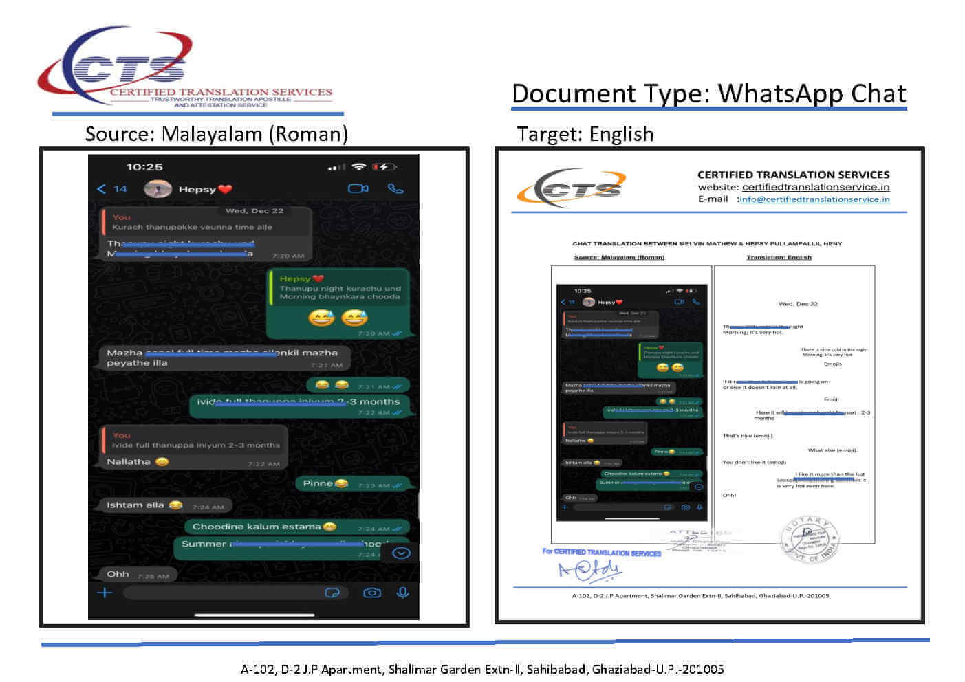WhatsApp chat translation sample, Malayalam to English