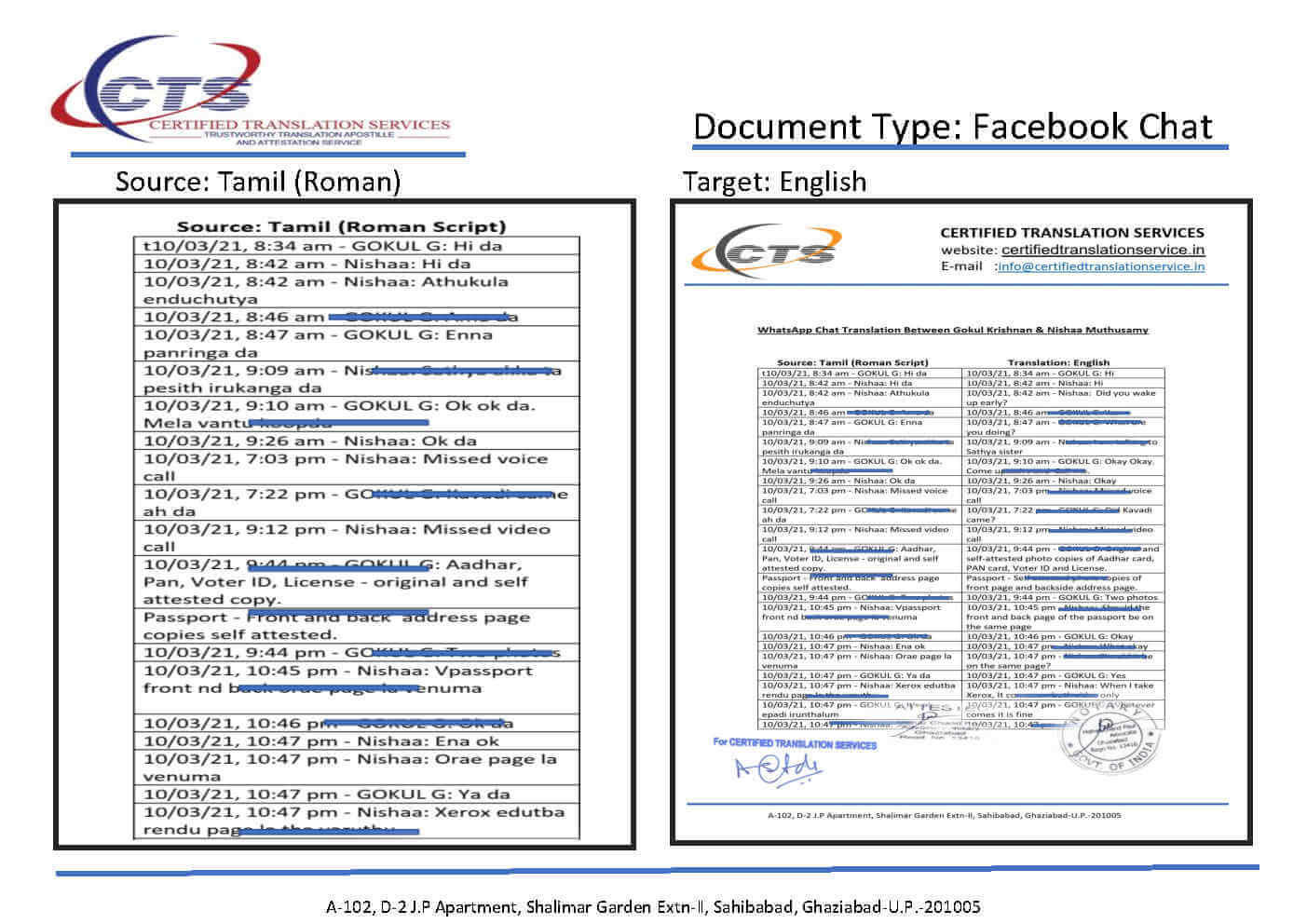 WhatsApp chat translation sample, Tamil to English