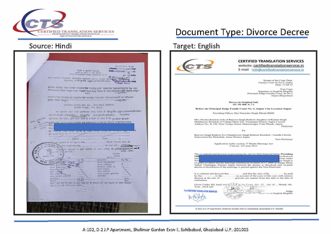 Divorce decree translation sample, Hindi to English