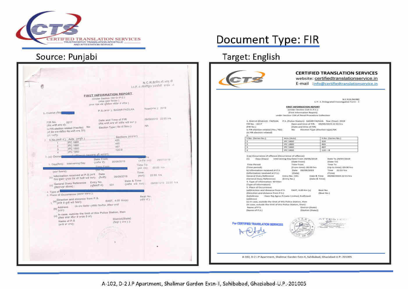FIR translation sample, Punjabi to English