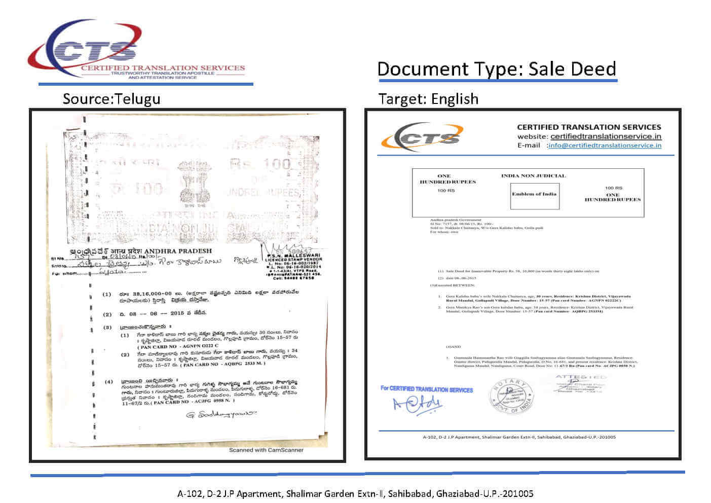 Sale deed translation sample, Telugu to English